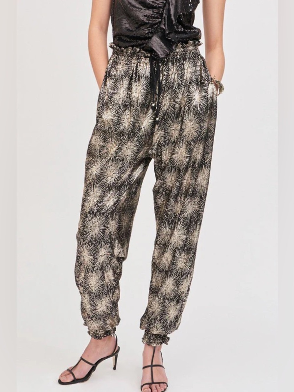 EUC Antik Batik XS 36 Metallic Grace Ankle Crop Pants Black Silver Gold Elastic